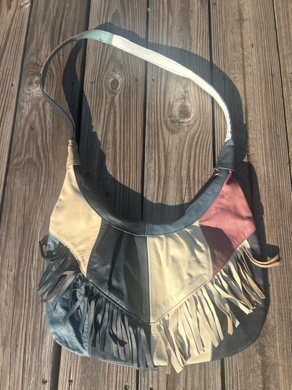 Vintage Genuine Leather Fringe Patchwork Hobo Bag Boho Western Y2K